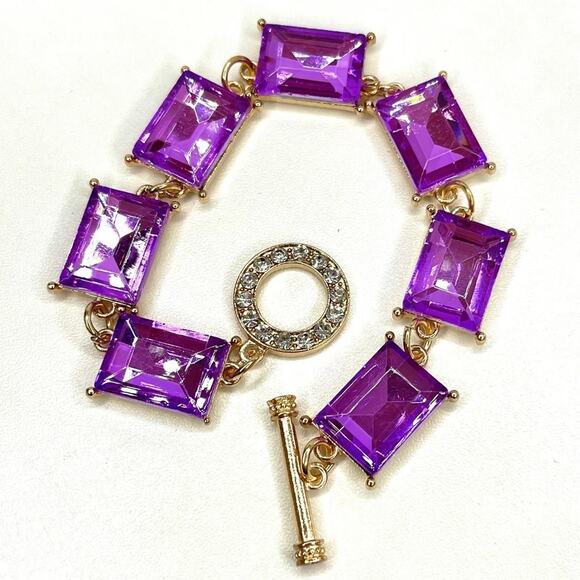 NEW 8" Chunky Bracelet Purple Amethyst Rhinestone Square set m10 - Picture 1 of 4